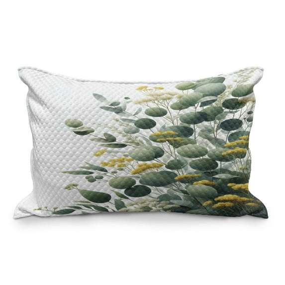 Ambesonne Eucalyptus Leaves Quilted Pillowcover, Round Leaf Branch, 30" x 20", Mustard and Peacock Green