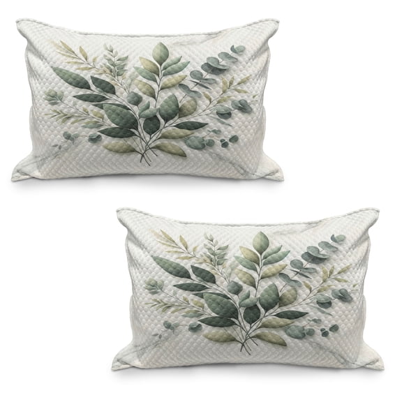 Ambesonne Eucalyptus Leaves Quilted Pillowcover Set of 2, Botanical Art, 30" x 20", Sage Green Off White
