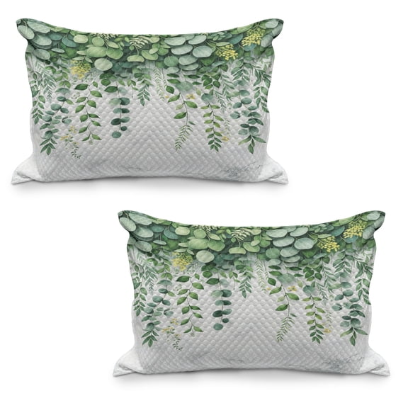 Ambesonne Eucalyptus Leaves Quilted Pillowcover Set of 2, Leafy Branches, 30" x 20", Fern Green Pastel Yellow