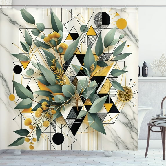 Ambesonne Eucalyptus Leaves Shower Curtain, Blossomy Leaf Art, 69"Wx75"L, Green Black Mustard