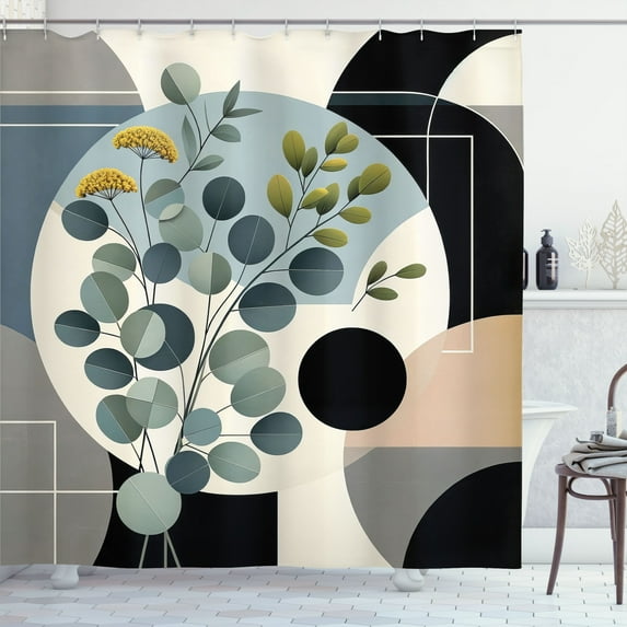 Ambesonne Eucalyptus Leaves Shower Curtain, Cold Mid Century, 69"Wx84"L, Black Blue Grey and Green