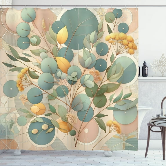 Ambesonne Eucalyptus Leaves Shower Curtain, Pastel Art Deco, 69"Wx84"L, Peach Green and Pale Orange