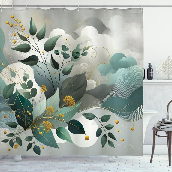 Ambesonne Eucalyptus Leaves Shower Curtain, Waves and Leafs, 69"Wx84"L, Dark Sea Green Grey Teal
