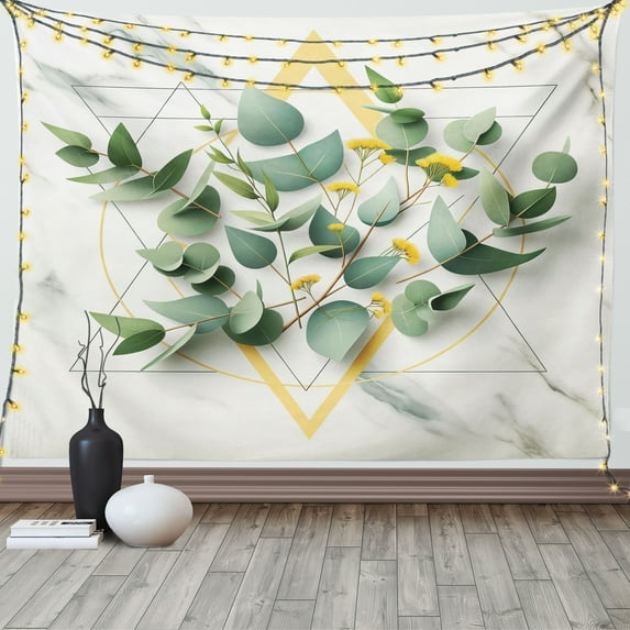 Ambesonne Eucalyptus Leaves Tapestry Wall Hanging, Branches Polygons, 60"x40", Peacock Green Mustard