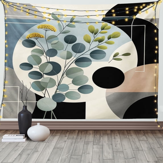 Ambesonne Eucalyptus Leaves Tapestry Wall Hanging, Cold Mid Century, 80"x60", Black Blue Grey and Green