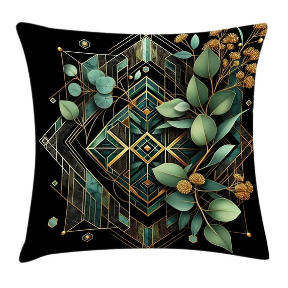 Ambesonne Eucalyptus Leaves Throw Pillow Cushion Cover, Art Deco Botany, 40" X 40", Black Laurel Green Amber