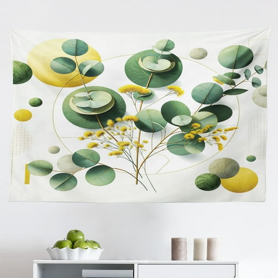 Ambesonne Eucalyptus Leaves Wall Hanging Tapestry, Boho Leaf Design, 45"x30", Fern Green Yellow and White