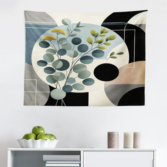 Ambesonne Eucalyptus Leaves Wall Hanging Tapestry, Cold Mid Century, 28"x23", Black Blue Grey and Green