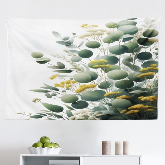 Ambesonne Eucalyptus Leaves Wall Hanging Tapestry, Round Leaf Branch, 45"x30", Mustard and Peacock Green