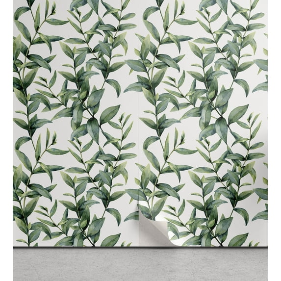 Ambesonne Eucalyptus Peel & Stick Wallpaper for Home, Watercolor Style Leaf, 13"x100", Jade Green and White