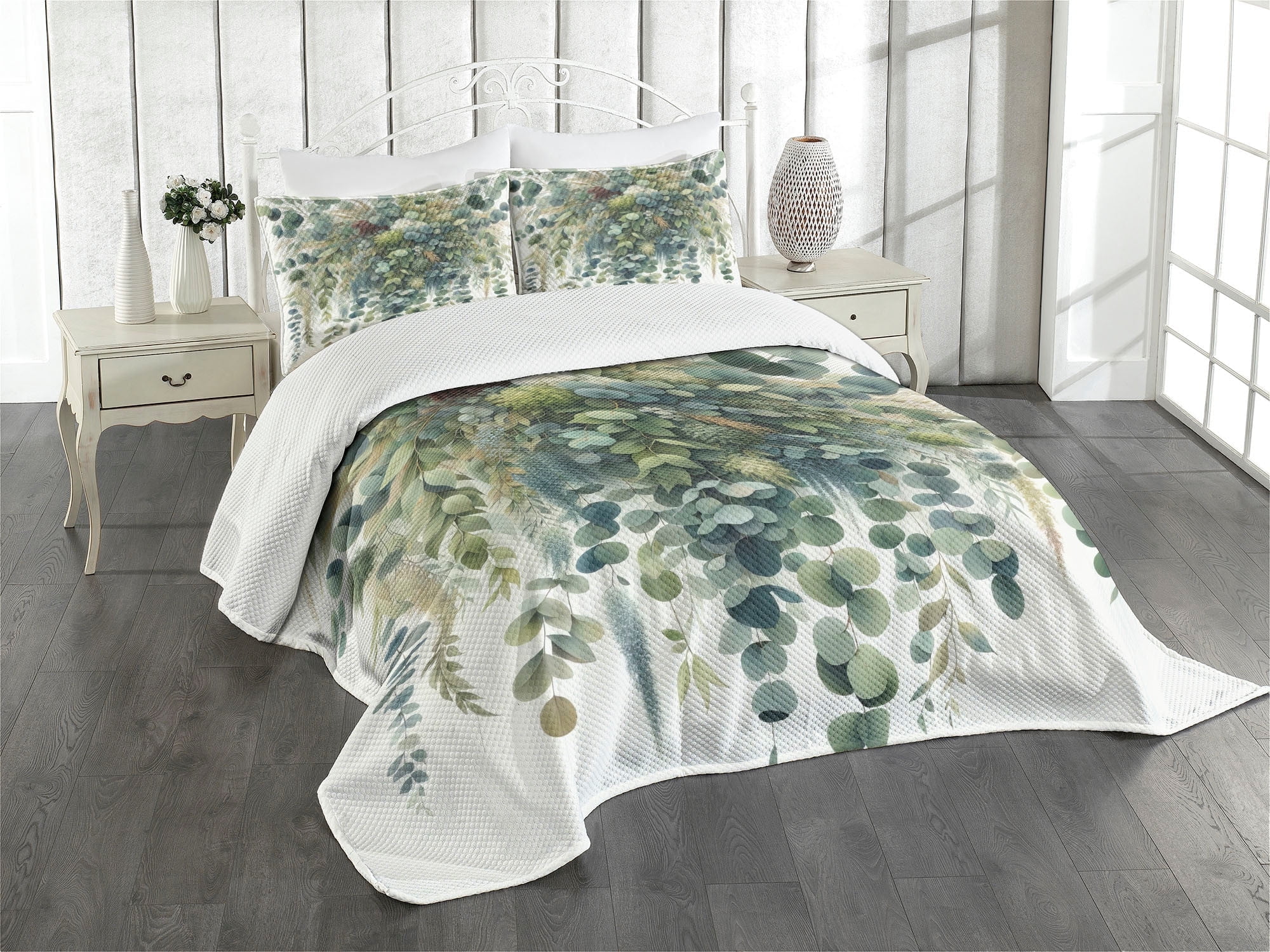 King Blue Botanical Watercolor Quilted Bedspread Set