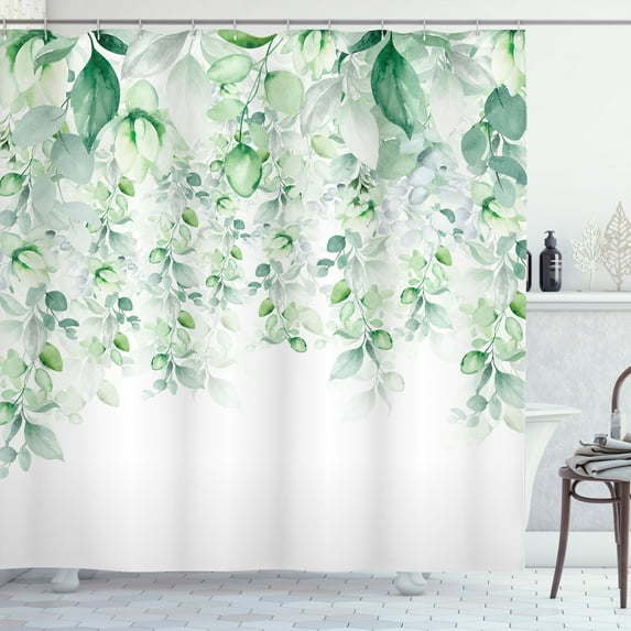 Ambesonne Eucalyptus Shower Curtain, Pastel Botany Leaves Art, 69"Wx70"L, Sea Green Pale Green