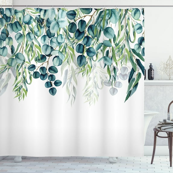 Ambesonne Eucalyptus Shower Curtain, Pastel Cold Color Leaf, 69"Wx75"L, Petrol Blue and Lime Green