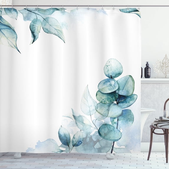 Ambesonne Eucalyptus Shower Curtain, Pastel Watercolor Leaf, 69"Wx84"L, Pale Teal Soft Blue and White
