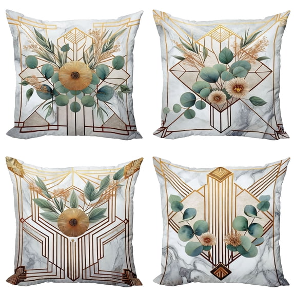 Ambesonne Eucalyptus Throw Pillow Cover 4 Pack, Art Deco Leaves Bloom, 16", Teal Grey and Orange