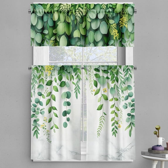 Ambesonne Eucalyptus Valance & Curtain 3 Pcs Set, Cascading Branches Leaf, 55"x30", Fern Green White