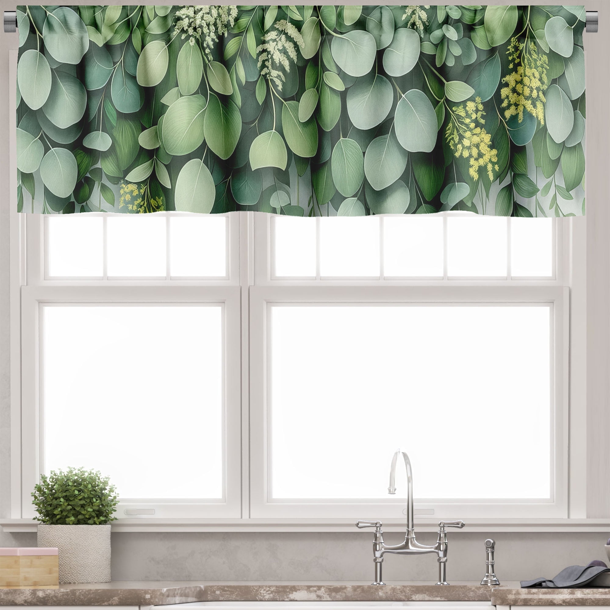 Ambesonne Eucalyptus Window Valance, Jungle Tone Leafy Print, 42" X 12", Pale Green Pale Teal