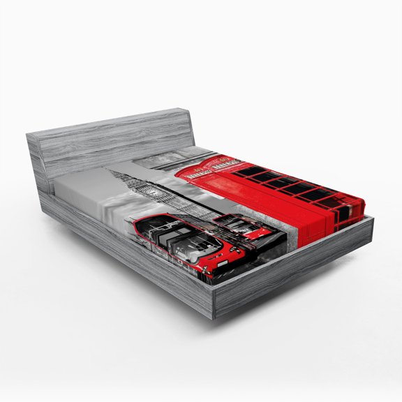 Ambesonne Europe Fitted Sheet 2 Pcs Set, London Retro Phone Booth, California King, Red Grey