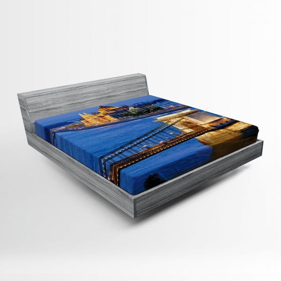 Ambesonne Europe Fitted Sheet, River of Budapest Bridge, Queen Size, Multicolor