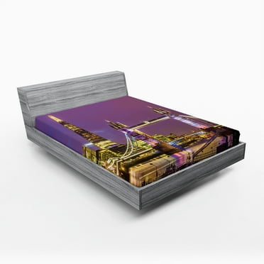 Ambesonne Europe Fitted Sheet, Tower Bridge in London, Queen Size, Purple Yellow