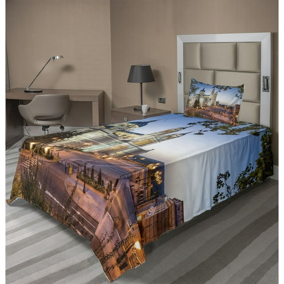 Ambesonne Europe Fitted & Top Sheet Set with Sham, Royal Palace in Madrid, Multicolor