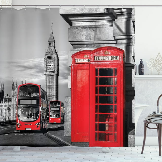 Ambesonne Europe Shower Curtain, London Retro Phone Booth, 69"Wx70"L, Red Grey