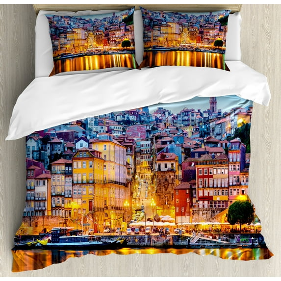 Ambesonne European Duvet Cover Sets, Medieval Town Coast, 2-Queen, Ginger Pale Blue