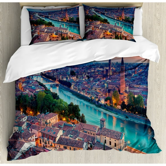 Ambesonne European Duvet Cover Sets, Verona Italy Blue Hour, 2-Queen, Aqua Coral Green