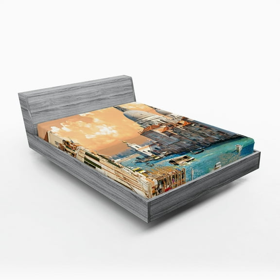 Ambesonne European Fitted Sheet, Historical Venice City, Full Size, Multicolor