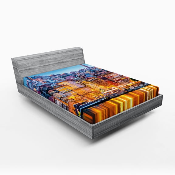 Ambesonne European Fitted Sheet, Medieval Town Coast, Full Size, Ginger Pale Blue