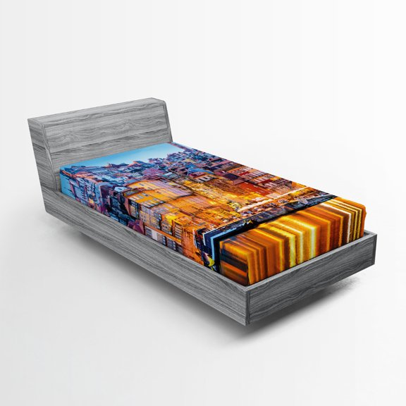 Ambesonne European Fitted Sheet, Medieval Town Coast, Twin XL Size, Ginger Pale Blue