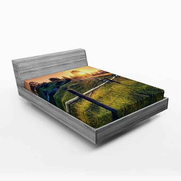 Ambesonne European Fitted Sheet, Morning Sunbeams Sky, Full Size, Fern Green Yellow