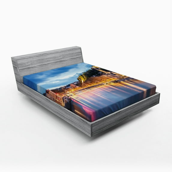 Ambesonne European Fitted Sheet, Saone River Lyon City, Full Size, Multicolor