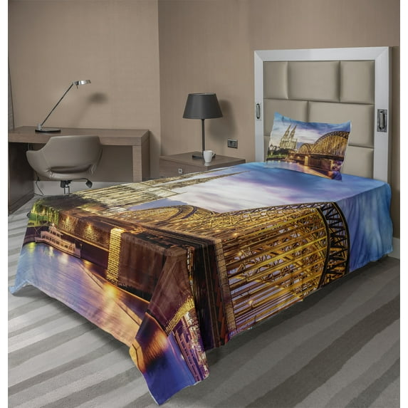 Ambesonne European Fitted & Top Sheet Set with Sham, Old Bridge and Rhine, Multicolor