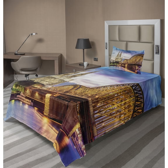 Ambesonne European Fitted & Top Sheet Set with Sham, Old Bridge and Rhine, Multicolor