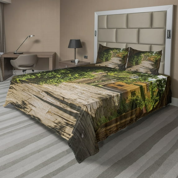 Ambesonne European Fitted & Top Sheet Set with Shams, Old Street of Tuscany, Multicolor