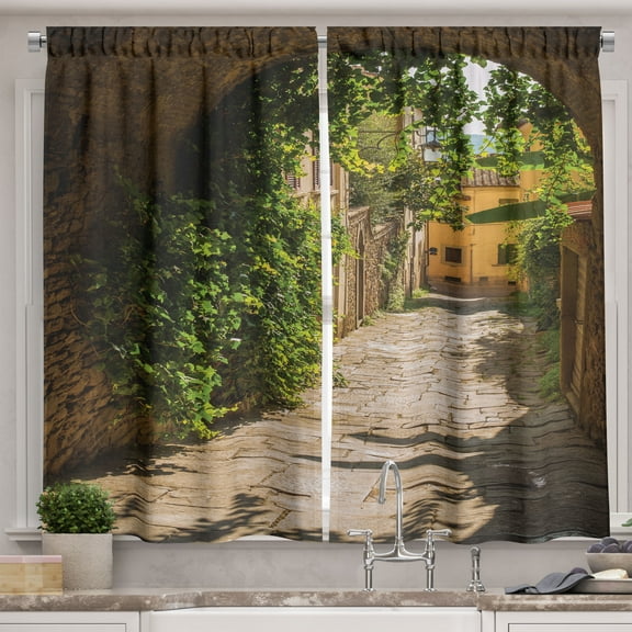 Ambesonne European Kitchen Curtains, Old Street of Tuscany, 55"x30", Multicolor