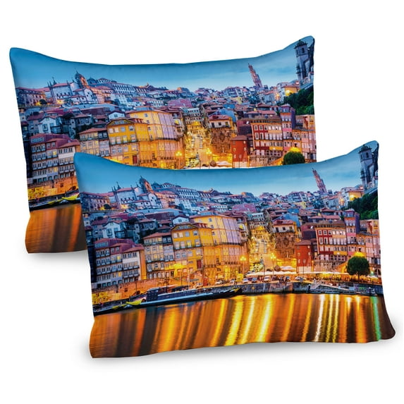 Ambesonne European Pillow Sham 2 Pack, Medieval Town Coast, 36"x20", Ginger Pale Blue