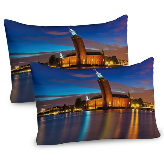 Ambesonne European Pillow Sham 2 Pack, Stockholm Scenic Night, 36"x20", Blue Cinnamon Mauve