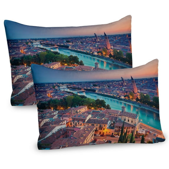 Ambesonne European Pillow Sham 2 Pack, Verona Italy Blue Hour, 26"x20", Aqua Coral Green