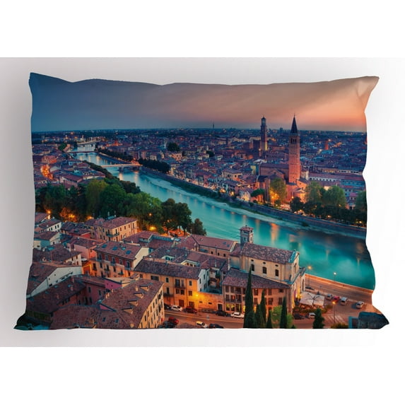Ambesonne European Pillow Sham, Verona Italy Blue Hour, 26" X 20", Aqua Coral Green