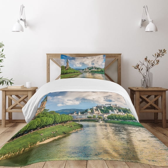 Ambesonne European Quilted Bedspread Set 2 Pcs, Salzburg Land Cloudy, Twin Size, Multicolor
