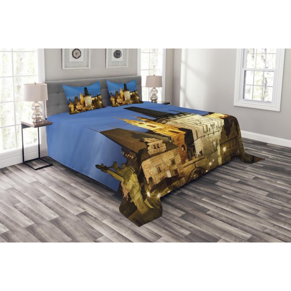 Ambesonne European Quilted Bedspread Set 3 Pcs, Building Tower Prague, Queen Size, Multicolor