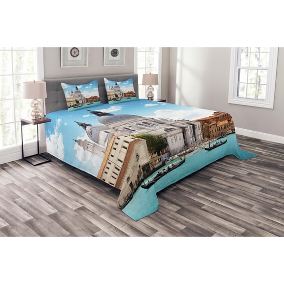 Ambesonne European Quilted Bedspread Set 3 Pcs, Grand Canal Venice, King Size, Pale Coffee White