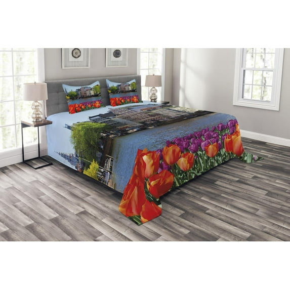 Ambesonne European Quilted Bedspread Set 3 Pcs, Holland Amsterdam Wiev, King Size, Multicolor