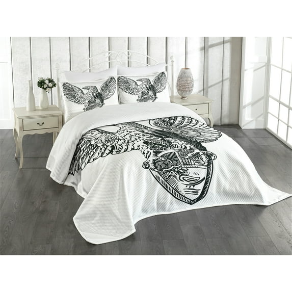 Ambesonne European Quilted Bedspread Set 3 Pcs, Italian Rome Heraldry, King Size, Black White
