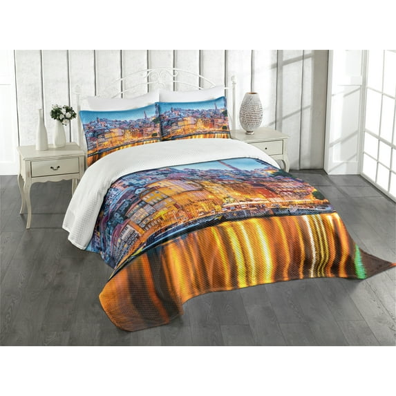 Ambesonne European Quilted Bedspread Set 3 Pcs, Medieval Town Coast, Queen Size, Ginger Pale Blue