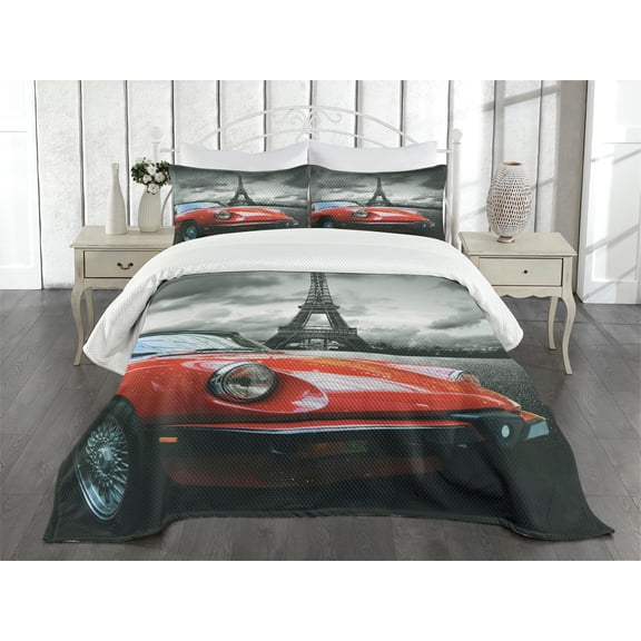 Ambesonne European Quilted Bedspread Set 3 Pcs, Romantic City Paris, Queen Size, Charcoal Grey White