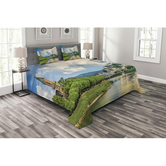 Ambesonne European Quilted Bedspread Set 3 Pcs, Salzburg Land Cloudy, Queen Size, Multicolor