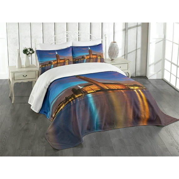Ambesonne European Quilted Bedspread Set 3 Pcs, Stockholm Scenic Night, Queen Size, Blue Cinnamon Mauve